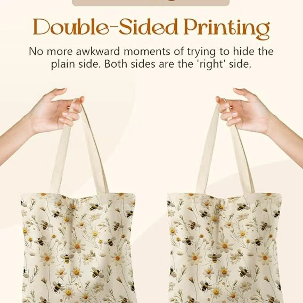 Floral Bumble Bee Canvas Tote Bag with Pockets - Aesthetic Reusable Totes - Picture 4 of 6